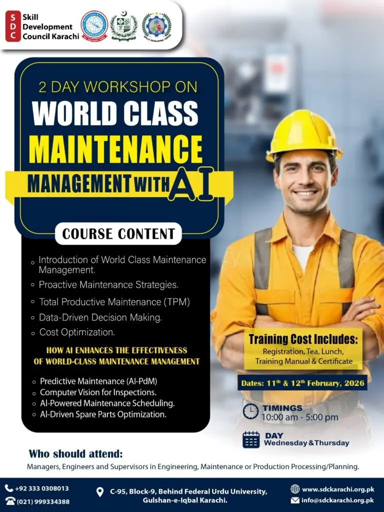 2 days workshop of worldclass maintainance management with ai by skill developing center karachi