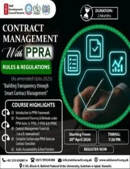 certificate in contract management with PPRA rules and regulation previously offered course by skill developing center karachi