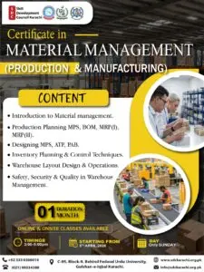 certificate in material management (production and manufacturing) previously offered course by skill developing center karachi