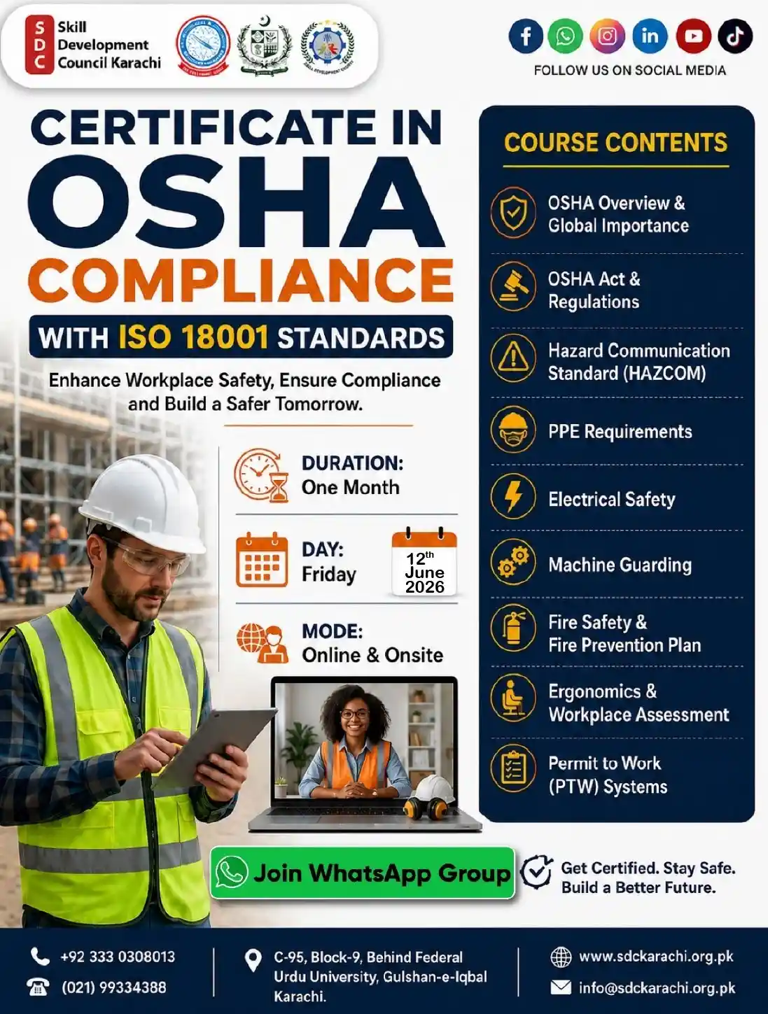 certificate in osha compliance with iso 18001 standard by skill developing center karachi