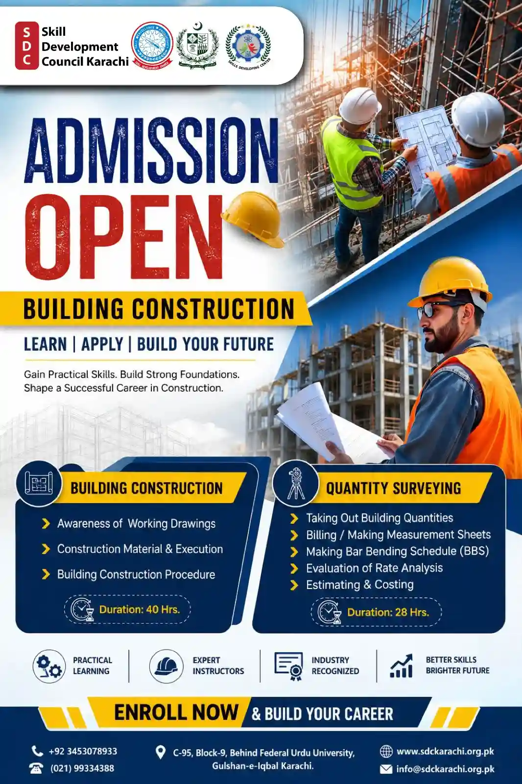post of admission open in course of building construction by skill developing center karachi