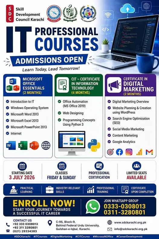 admission open in professional IT courses by skills developing center in collaboration with skill development council