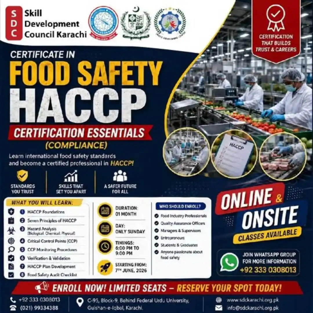 certificate in food safety HACCP by skills developing center karachi in collaboration with skill development council karachi
