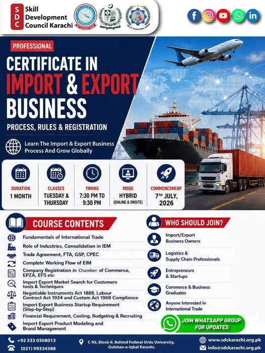 certificate in import and export business with process rules and registration by skills developing center in collaboration with skill development council