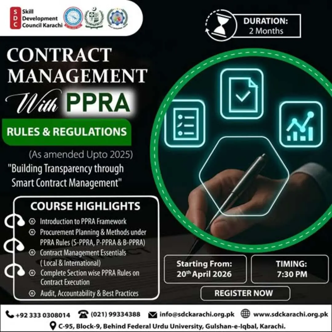 course of contract management with PPRA rules and regulation by skills developing center karachi in collaboration with skill development council karachi