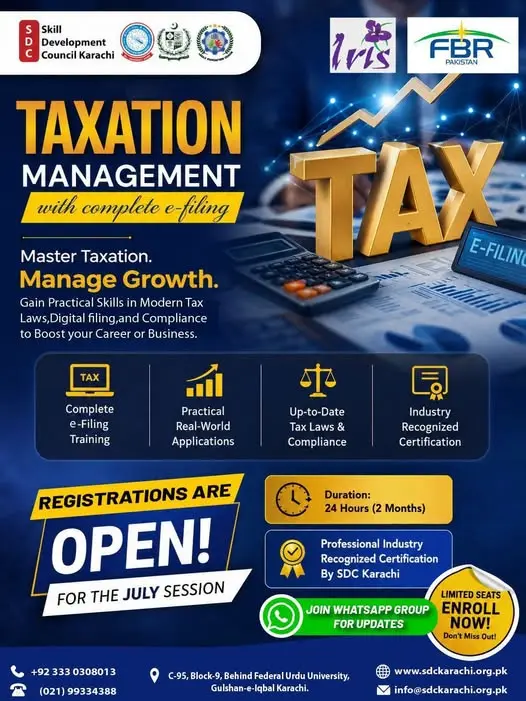 course of taxation management with complete e-filling by skills developing center in collaboration with skill development council