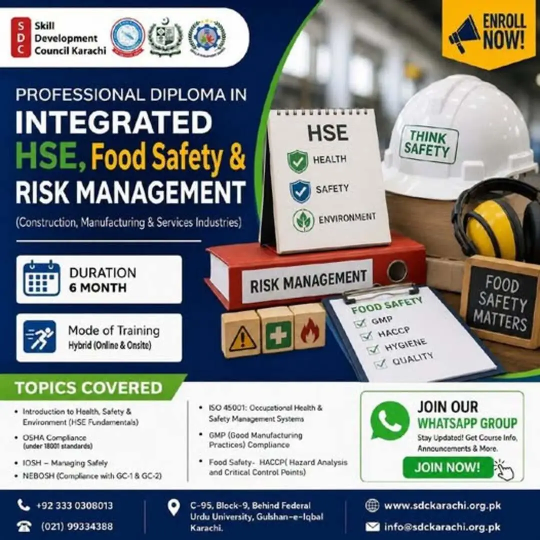 professional diploma in integrated hse, food safety and risk management by skills developing center karachi in collaboration with skill development council karachi