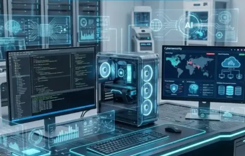 Advanced Certificate in Information Technology: futuristic IT lab with glowing displays.