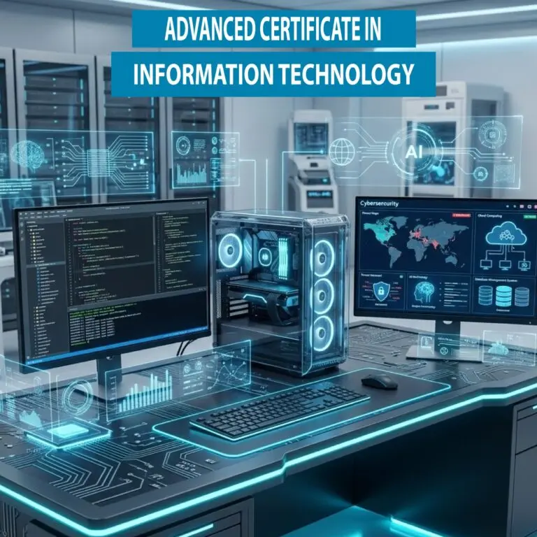 Advanced Certificate in Information Technology: futuristic IT lab with glowing displays.