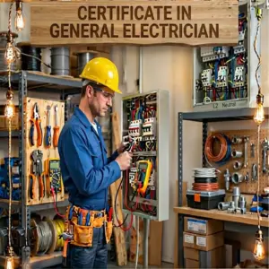 Certificate in General Electrician poster: electrician in yellow hard hat testing an electrical panel in a workshop.