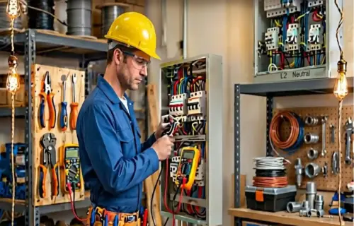 Certificate in General Electrician poster: electrician in yellow hard hat testing an electrical panel in a workshop.