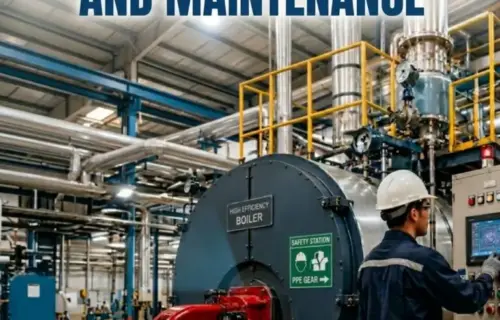 Boiler Operation and Maintenance course: technician in safety gear monitoring boiler with red burner and control panel.