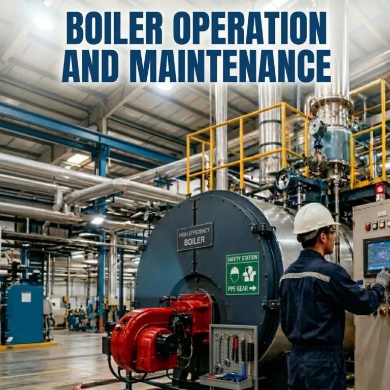 Boiler Operation and Maintenance course: technician in safety gear monitoring boiler with red burner and control panel.