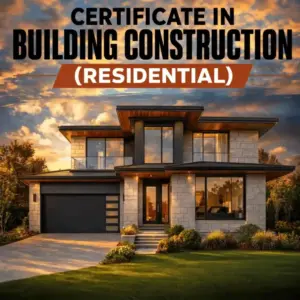Certificate in Building Construction (Residential), featuring a modern two-story home at sunset with a warm, inviting tone.
