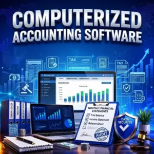 Computerized Accounting graphic: laptop with charts, financial statements, audit report, calculator, security shield.