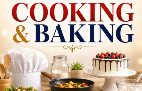 Certificate in Cooking & Baking, surrounded by colorful vegetables, pastries, mixing bowls, utensils, and a decorated cake.