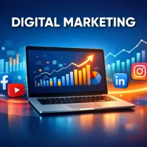 Digital marketing illustration: laptop with rising analytics charts and Facebook, YouTube, LinkedIn, Instagram icons.