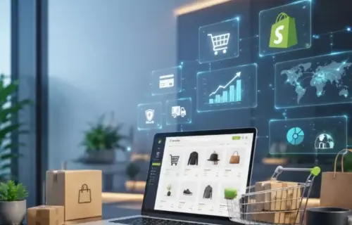 Certificate in E-commerce with Shopify: online store dashboard on laptop screen.