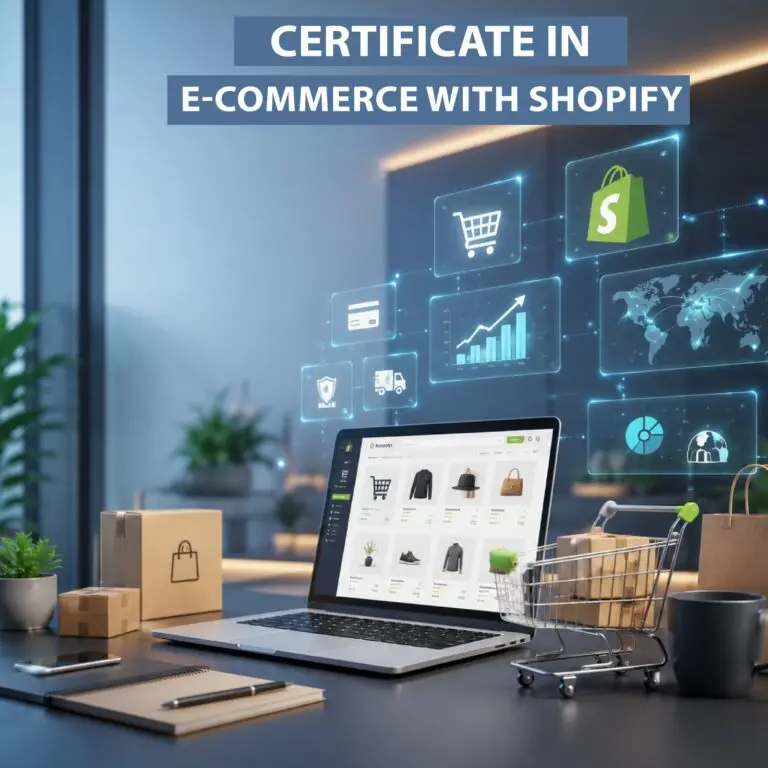 Certificate in E-commerce with Shopify: online store dashboard on laptop screen.