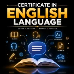 Certificate in English Language: reading, speaking, and vocabulary icons.