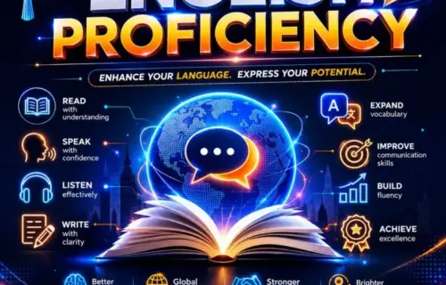 English proficiency certificate, featuring glowing text, an open book, speech bubbles, and language learning goals.