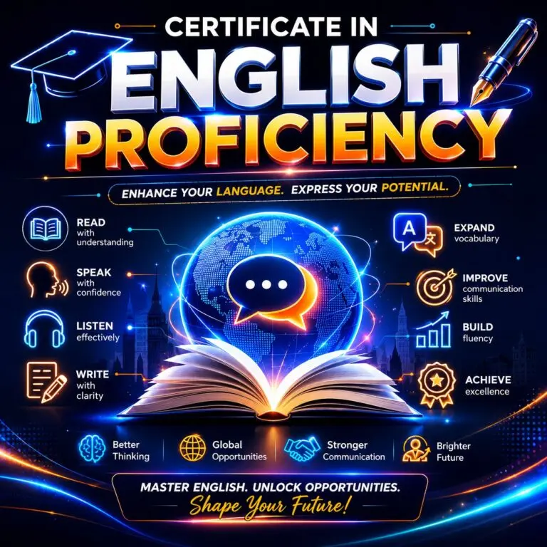 English proficiency certificate, featuring glowing text, an open book, speech bubbles, and language learning goals.