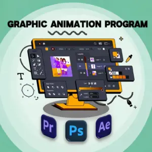 Graphics and Animation course interface with editing tools, Premiere Pro, Photoshop & After Effects icons.