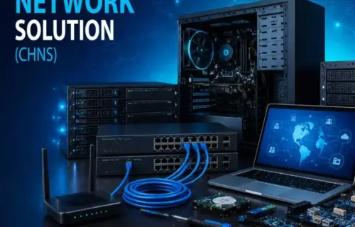Hardware and Network Solution course graphic with server, router, switch, laptop and networking cables.