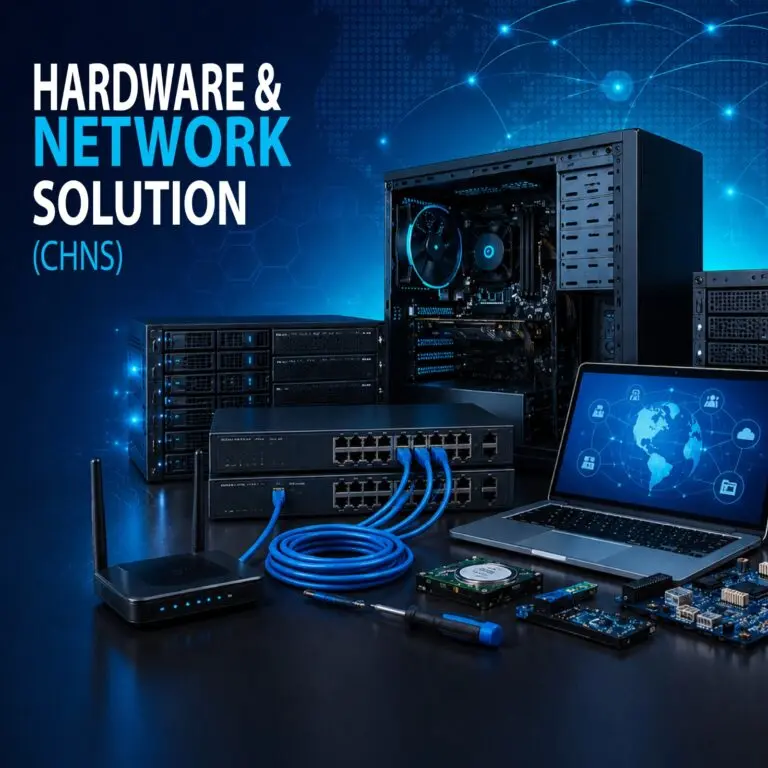 Hardware and Network Solution course graphic with server, router, switch, laptop and networking cables.
