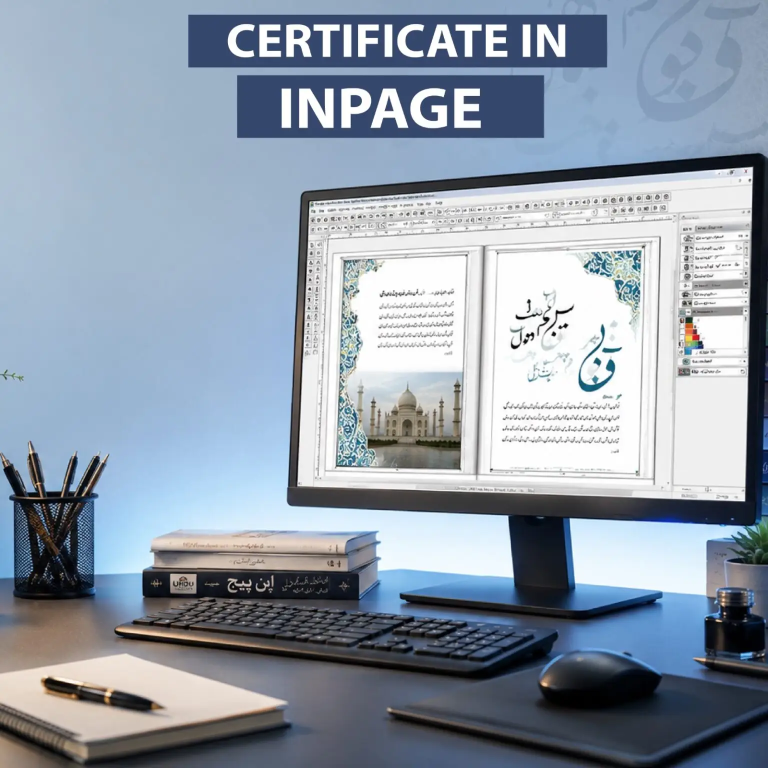 Certificate in InPage: Urdu publishing software displayed on desktop monitor.