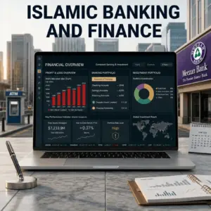 Islamic Banking and Finance graphic: laptop dashboard with charts, a bank exterior, ATM, and documents.