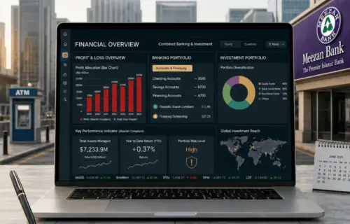 Islamic Banking and Finance graphic: laptop dashboard with charts, a bank exterior, ATM, and documents.