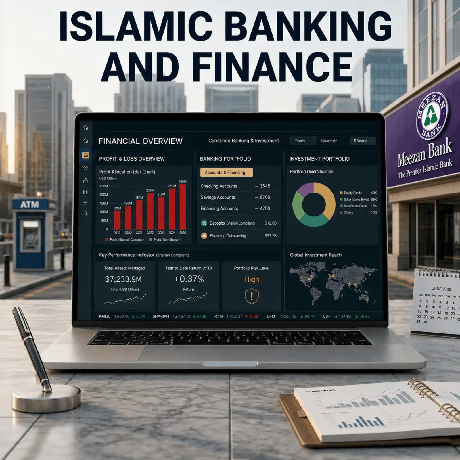 Islamic Banking and Finance graphic: laptop dashboard with charts, a bank exterior, ATM, and documents.