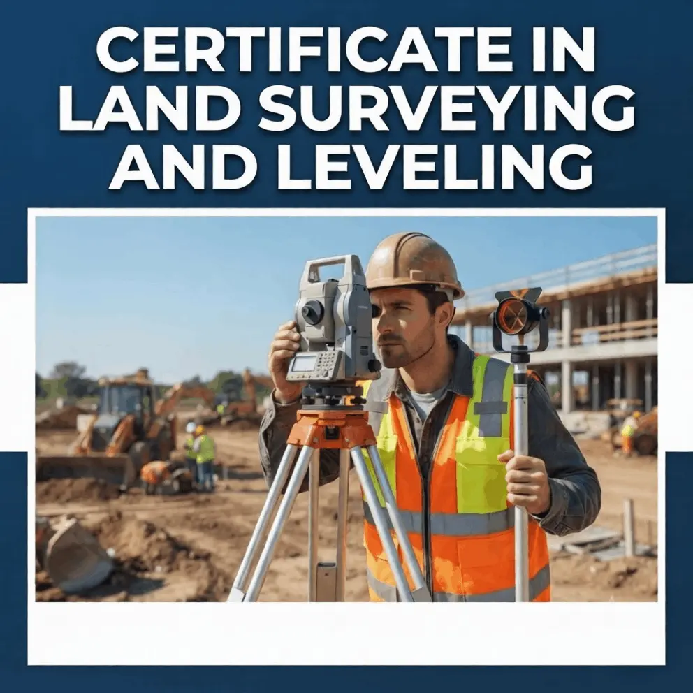 Certificate in Land Surveying & Leveling: surveyor in safety gear operating a total station on-site.