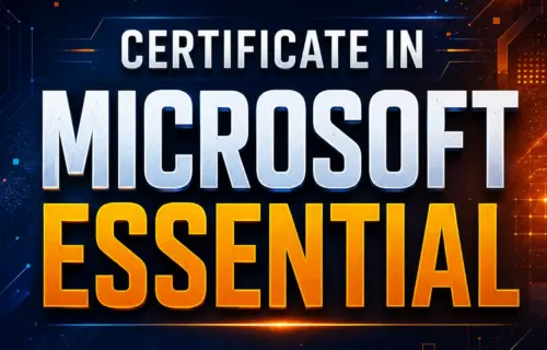 Certificate in Microsoft Essential: white and orange, set against a dark blue, glowing technology-themed background.