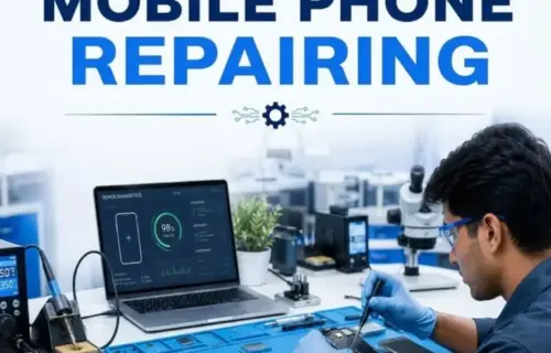 Certificate in Mobile Phone Repairing shows a technician using tools at a laptop-equipped smartphone repair workbench.