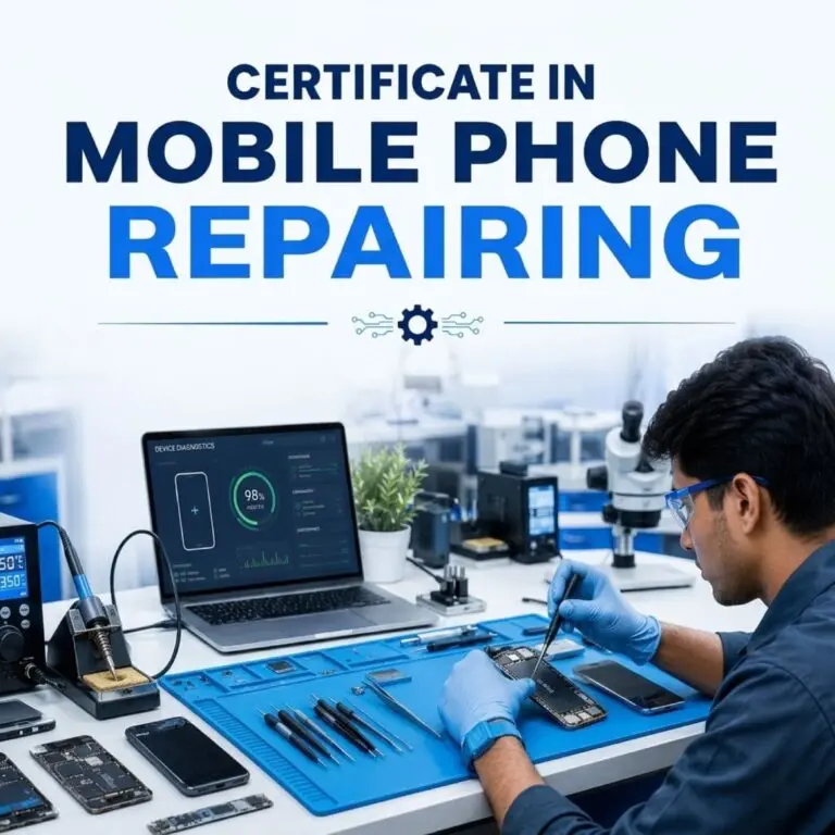 Certificate in Mobile Phone Repairing shows a technician using tools at a laptop-equipped smartphone repair workbench.