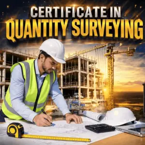 Certificate in Quantity Surveying; Construction surveyor in a safety vest studies blueprints at a site, with cranes behind him.