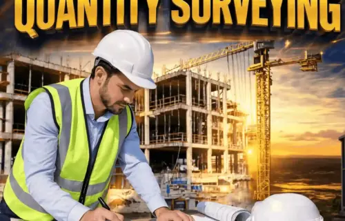Certificate in Quantity Surveying; Construction surveyor in a safety vest studies blueprints at a site, with cranes behind him.
