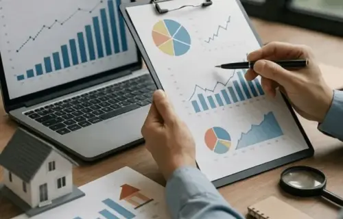 Certificate in Sales Tax: appears above a desk with charts, laptop, and hands reviewing reports.