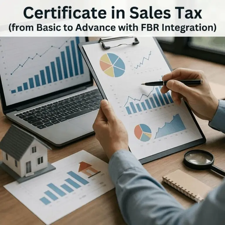 Certificate in Sales Tax: appears above a desk with charts, laptop, and hands reviewing reports.