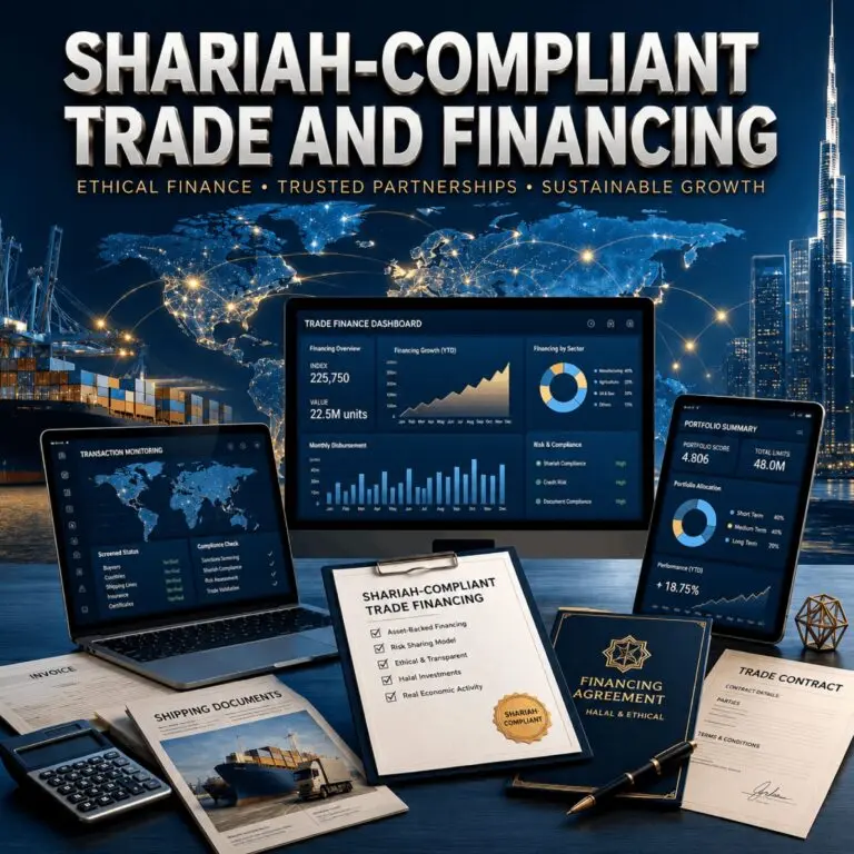 Shariah-Compliant Trade and Financing graphic with dashboards, contracts, and a city skyline at dusk.