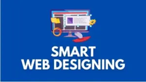 Smart Web Designing Diploma graphic with computer monitor, design tool icons, and bold white text on blue background.
