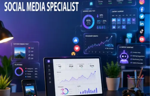 Certificate in Social Media Specialist: social platform icons and engagement charts.