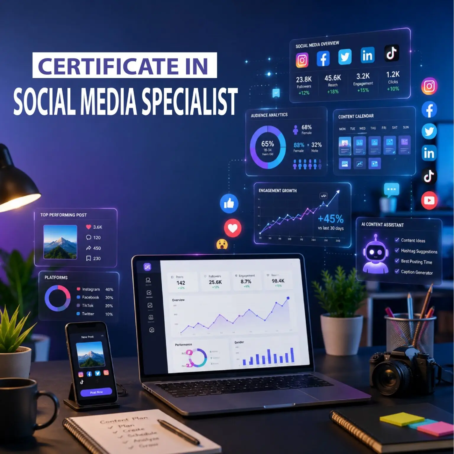 Certificate in Social Media Specialist: social platform icons and engagement charts.
