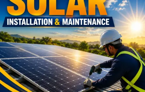 Certificate in Solar Panel Installation & Maintenance poster showing a worker installing solar panels at sunrise.