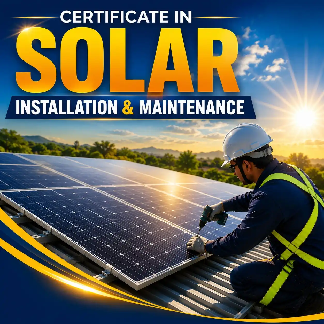 Certificate in Solar Panel Installation & Maintenance poster showing a worker installing solar panels at sunrise.