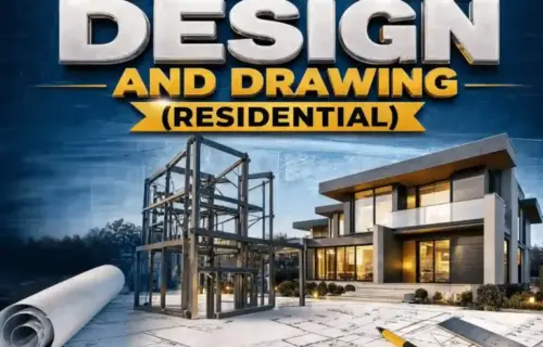 Certificate in Structural Design & Drawing (Residential): blueprints, steel frame, and a modern house.