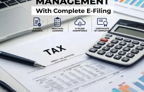 Certificate in Taxation Management with Complete E-Filing, featuring a laptop, tax forms, calculator, pens, and charts.