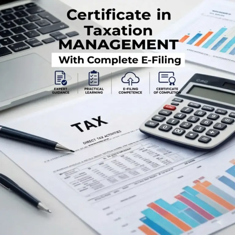 Certificate in Taxation Management with Complete E-Filing, featuring a laptop, tax forms, calculator, pens, and charts.